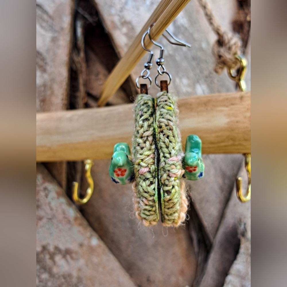 Green Knit Hexagon Earrings with Hand Embroidery Elements and a Bird-Shaped Bead - Picture 2 of 16